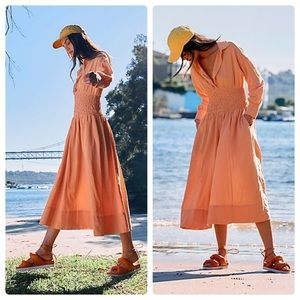NWT Free People Monika Cotton MIDI Long Sleeve Shirt Dress in  Peach XS